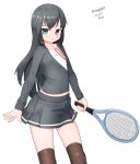  1girl absurdres alternate_costume asashio_(kancolle) black_hair black_thighhighs blue_eyes dated grey_shirt grey_skirt highres kantai_collection long_hair maru_(marg0613) one-hour_drawing_challenge pleated_skirt racket shirt simple_background skirt solo standing striped striped_shirt tennis_racket thighhighs twitter_username white_background 