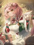  1girl absurdres animal_ears apron arknights black_bracelet bow box braid cat_ears cat_girl christmas christmas_tree floppy_ears floral_print flower gift gift_box goldenglow_(arknights) goldenglow_(night_loving_servant)_(arknights) green_bow green_hairband green_sweater hair_between_eyes hairband hands_up highres infection_monitor_(arknights) light_blush long_hair long_sleeves looking_at_viewer official_alternate_costume poinsettia print_hairband rabbit red_hairband smile solo sweater two-tone_hairband white_apron yamasede_neiko yellow_eyes 