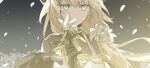  1girl arknights black_gloves blonde_hair flower gloves green_eyes hair_flower hair_ornament highres hikarupig holding holding_flower horns long_hair petals reed_(arknights) reed_the_flame_shadow_(arknights) smile 