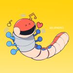  &gt;_&lt; bug commentary full_body heart musical_note no_humans olopheris open_mouth orthworm pokemon pokemon_(creature) solo twitter_username watermark worm yellow_background 