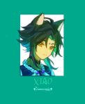  1boy absurdres ahoge animal_ears bead_necklace beads black_hair cat_ears closed_mouth genshin_impact green_hair highres jewelry male_focus multicolored_hair necklace suzushi xiao_(genshin_impact) yellow_eyes 