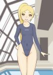  1girl blonde_hair breasts highres leotard long_sleeves mari_gold mole mole_under_eye orange_eyes original pool rong_rong small_breasts standing swimsuit tagme thick_eyebrows 