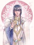  1boy belt black_hair cape chalice closed_mouth dated grey_eyes highres holding kazuki-mendou long_hair looking_at_viewer maeglin male_focus robe sawch_cls signature solo the_silmarillion tolkien&#039;s_legendarium white_cape white_robe 