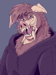  3:4 absurd_res anthro black_clothing black_hoodie black_topwear blue_background bodily_fluids brown_body brown_fur brown_hair bust_portrait cheek_tuft chest_tuft clothed clothing facial_tuft floppy_ears fur hair hi_res hoodie imperatorcaesar looking_aside male mammal mouth_shot neck_tuft open_mouth portrait red_tongue saliva saliva_string short_hair simple_background solo suid suina tan_body tan_skin teeth tongue topwear tuft tusks unsigned 