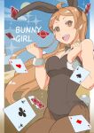  1girl :d absurdres animal_ears bangs black_leotard bow bowtie breasts brown_hair card commentary_request detached_collar fake_animal_ears fake_tail highres k_katora leotard long_hair looking_at_viewer medium_breasts original pantyhose playboy_bunny playing_card rabbit_ears rabbit_tail smile solo strapless strapless_leotard tail wrist_cuffs 
