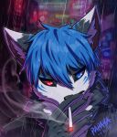 2022 anthro black_claws black_clothing black_nose black_sclera black_topwear blue_eyes blue_hair blue_markings blurred_background bust_portrait canid cheek_tuft cigarette claws clothed clothing dated dipstick_ears facial_markings facial_tuft finger_claws front_view fur glistening glistening_eyes grey_body grey_fur hair head_markings hi_res looking_at_viewer male mammal markings multicolored_ears neck_tuft outside papayafurry portrait red_eyes signature smoking solo topwear tuft white_body white_fur 