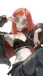  1girl armpits belt black_bra bra choker cigarette crossed_legs dino_(dinoartforame) highres jacket long_hair looking_at_viewer original parted_lips red_eyes red_hair simple_background solo sunglasses tattoo thigh_strap underwear white_background 