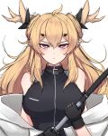  1girl absurdres ahoge antlers arknights blonde_hair blue_eyes breasts fingerless_gloves frown gloves highres holding holding_staff jitome leizi_(arknights) long_hair pointy_ears rikuguma sleeveless staff thick_eyebrows white_background 