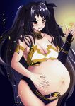  1girl absurdres armlet asymmetrical_legwear asymmetrical_sleeves bangs bare_shoulders belly_rub big_belly bikini black_bikini black_hair black_panties black_ribbon blush breasts cleavage collar collarbone detached_sleeves fate/grand_order fate_(series) hair_ribbon hand_on_own_stomach highres ishtar_(fate) jewelry large_breasts long_hair mismatched_bikini navel open_mouth outie_navel panties pregnant red_eyes ribbon solo stomach strapless strapless_bikini swimsuit tiara underwear very_long_hair white_bikini 