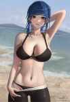  1girl absurdres alternate_costume alternate_hairstyle arm_behind_head arm_up armpits artist_name ass_visible_through_thighs bangs bare_arms bare_shoulders beach bikini bikini_under_clothes black_bikini black_pants blue_hair blue_sky braid breasts cleavage closed_mouth clothes_pull commentary cowboy_shot dark_blue_hair diagonal_bangs earrings english_commentary genshin_impact green_eyes groin halterneck highres jewelry large_breasts linea_alba lips looking_at_viewer mole mole_on_breast mountainous_horizon navel ocean pants pants_pull renberry shore short_hair sky solo stomach string_bikini swimsuit water yelan_(genshin_impact) 