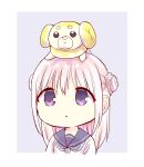  1girl :&lt; absurdres animal_on_head border chibi closed_mouth commentary dog dot_nose double_bun fidough fukuma333 hair_bun highres kao_ni_denai_kashiwada-san_to_kao_ni_deru_oota-kun kashiwada-san long_hair on_head pac-man_eyes pokemon puppy purple_background purple_eyes purple_hair school_uniform serafuku simple_background solo white_border 