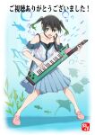  1girl air_bubble animal_print black_hair black_shirt blue_background blue_skirt bubble collarbone commentary_request copyright_name dolphin fish fish_print full_body gradient_hair hair_between_eyes holding holding_instrument instrument keytar love_live! love_live!_nijigasaki_high_school_idol_club manta_ray medium_hair multicolored_hair open_mouth pink_footwear ribbon seahorse seaweed shirt skirt sleeves_rolled_up smile solo takasaki_yuu translated twintails wall watanabe_keisuke 