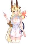  1girl absurdres ahoge alternate_costume arknights bare_shoulders blonde_hair blush breasts cleavage cleavage_cutout clothing_cutout cowboy_shot cropped_legs dragon_girl dragon_horns dragon_tail dress elsi flame-tipped_tail green_eyes highres holding holding_syringe horns large_breasts long_hair nurse reed_(arknights) simple_background sleeveless sleeveless_dress smile solo syringe tail very_long_hair white_background white_dress 