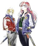  1boy 1girl blonde_hair closed_mouth dated earrings elmina_niet green_eyes jack_van_burace jacket jewelry long_hair looking_at_viewer mitsuharu_nene necklace red_hair simple_background sword weapon white_background wild_arms wild_arms_1 