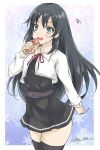  1girl asashio_(kancolle) asashio_kai_ni_(kancolle) belt black_belt black_dress black_hair black_thighhighs blue_eyes cowboy_shot dress eating food gakky jacket kantai_collection long_hair long_sleeves neck_ribbon one-hour_drawing_challenge pinafore_dress red_ribbon ribbon solo sweet_potato thighhighs white_jacket 