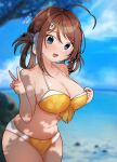  1girl ahoge beach bikini blurry blurry_background braid breasts brown_hair chougei_(kancolle) cloud cloudy_sky collarbone dated day grey_eyes hair_rings highres kantai_collection kirisawa_juuzou large_breasts long_hair looking_at_viewer ocean orange_bikini outdoors signature sky solo swimsuit twin_braids v water 