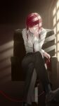  1girl absurdres bangs black_socks blush bralines breasts chainsaw_man chair collar crossed_legs formal highres leash long_hair looking_at_viewer maxima necktie red_hair sitting smile socks solo somebody_(leiking00) suit yellow_eyes 