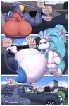  anthro big_breasts breasts cleavage clothed clothing english_text expand-blurples female garchomp generation_4_pokemon generation_7_pokemon hi_res huge_breasts hyper hyper_breasts muscular muscular_female nintendo nipples pokemon pokemon_(species) primarina text video_games 