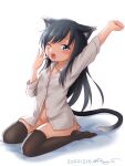  1girl animal_ears asashio_(kancolle) asashio_kai_ni_(kancolle) black_hair black_thighhighs blue_eyes cat_ears dated hair_between_eyes kantai_collection looking_at_viewer no_panties one-hour_drawing_challenge one_eye_closed ray.s shadow shirt sitting solo tail thighhighs twitter_username wariza white_background white_shirt yawning 