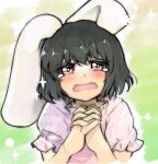  1girl animal_ears black_hair blush dress floppy_ears furrowed_brow ginnkei highres inaba_tewi interlocked_fingers looking_at_viewer open_mouth own_hands_clasped own_hands_together pink_dress puffy_short_sleeves puffy_sleeves rabbit_ears short_hair short_sleeves simple_background solo sparkle tearing_up tears touhou upper_body wavy_mouth 
