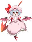  1girl absurdres blue_hair commentary_request dress fang futa_(nabezoko) hat highres looking_at_viewer open_mouth pink_dress red_eyes red_footwear remilia_scarlet short_hair simple_background smile solo touhou white_background wings 