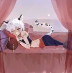  1boy absurdres animal_ears bed black_hair bracelet cat_boy cat_ears cat_tail choker highres indie_virtual_youtuber jewelry lying me-to_(qnev_) mihos_(vtuber) multicolored_hair on_bed one_eye_closed pillow striped_tail tail tail_ornament tail_ring tattoo white_hair yellow_eyes 