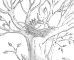  2019 avian bandai_namco beak bird bird_nest biyomon digimon digimon_(species) eyes_closed feathers female feral jimfoxx leaf monochrome nest nude plant signature sitting sleeping solo tree 