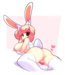  1girl animal_ear_fluff animal_ears apron ass breasts cleft_of_venus finger_to_mouth fiz_(fizintine) fizintine hair_bun heart highres large_breasts looking_at_viewer lying medium_hair naked_apron nipples on_stomach original pink_background pink_hair pussy rabbit_ears rabbit_girl rabbit_tail simple_background single_side_bun solo tail thighhighs white_thighhighs 