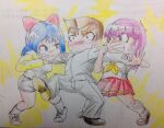  1boy 2girls 84ds absurdres bandaid bandaid_on_face blue_eyes blue_hair brown_eyes brown_hair colored_pencil_(medium) embarrassed hasebe_kazumi highres kunio-kun kunio-kun_series misako_(kunio-kun) multiple_girls purple_eyes purple_hair school_uniform tagme traditional_media 