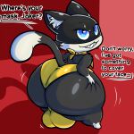  anthro atlus balls balls_outline big_balls big_butt black_body blue_eyes bottomwear butt butt_grab chappystick clothing dipstick_tail domestic_cat english_text felid feline felis genital_outline genitals gloves_(marking) hand_on_butt hi_res huge_butt inner_ear_fluff kerchief leg_markings looking_at_viewer looking_back male mammal markings megami_tensei megami_tensei_persona morgana_(persona) question_mark shorts smile socks_(marking) solo tail_markings text tuft video_games 