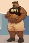  agent_rk bearwithabroom belly big_belly clothed clothing hi_res hyena male musclegut simple_background snaggle_tooth solo 