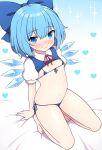  1girl barefoot bikini black_bikini blue_bikini blue_bow blue_eyes blue_hair blush bow breasts cameltoe cirno closed_mouth detached_wings full_body hair_bow heart highres ice ice_wings looking_at_viewer micro_bikini navel rizento seiza short_hair sitting small_breasts smile solo swimsuit touhou wings 