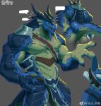  2022 3_fingers anthro armor belly_scales black_hair blizzard_entertainment blue_body blue_scales bottomwear butt canid canine canis chinese_text clothing digital_media_(artwork) dragon drakonid duo empty_speech_bubble fansl fingers grey_body grey_scales hair hand_on_hip harness hat headgear headwear loincloth looking_up male mammal muscular muscular_anthro muscular_arms muscular_male open_hand pauldron pecs rear_view scales scalie signature size_difference speech_bubble standing text unconvincing_armor video_games warcraft wolf 