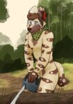  african_wild_dog anthro canid canine casual_nudity chainsaw chip_(pickles-hyena) genitals hearing_protection hi_res hybrid hyena kerchief kerchief_only male mammal nude outside penis pickles-hyena power_tool safety_glasses tools 