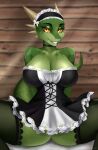  anthro argonian barely_visible_genitalia barely_visible_pussy bethesda_softworks big_breasts breasts clothed clothing female genitals green_body green_pussy green_skin grin hi_res horn legwear lifts-her-tail lizard looking_at_viewer maid_uniform naryumi_(artist) no_underwear pussy reptile scalie smile solo stockings the_elder_scrolls thick_thighs uniform video_games viewer yellow_eyes yellow_sclera 