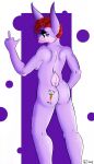  2019 anthro breasts butt butt_tattoo carrot cotton_tail ears_up female food fur gesture hair half-closed_eyes hi_res jimfoxx lagomorph leporid looking_at_viewer looking_back mammal middle_finger narrowed_eyes nude plant purple_body purple_fur rabbit raised_tail rear_view red_hair short_tail side_boob signature solo standing tattoo text tongue tongue_out vegetable venus_thompson whiskers 