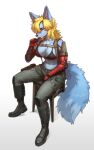  2022 absurd_res anthro belt blonde_hair boots bottomwear breasts canid canine chair cleavage clothed clothing digital_media_(artwork) female footwear furniture hair hi_res mammal muscular muscular_anthro muscular_female pants pgm300 signature simple_background sitting solo white_background 