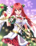 1girl :d armor breastplate christmas christmas_ornaments cordelia_(fire_emblem) cowboy_shot dress fire_emblem fire_emblem_awakening fire_emblem_heroes fur_trim gold_trim highres holding holding_staff kakiko210 long_hair looking_at_viewer night night_sky official_alternate_costume open_mouth purple_background red_dress red_eyes red_hair short_dress sky smile solo sparkle staff star_(sky) star_(symbol) starry_sky very_long_hair zettai_ryouiki 