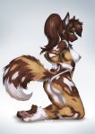  2022 african_wild_dog anthro areola blue_eyes canid canine claws clothing digital_media_(artwork) female fingers foxovh fur hi_res kneeling looking_at_viewer mammal nipples pawpads simple_background smile solo toe_claws 