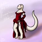  1:1 2022 4_toes 5_fingers absurd_res accessory albino anthro arm_tattoo armwear big_dildo big_tail blush body_blush cel_shading clothed clothing clothing_aside clothing_lift crusch_lulu cute_fangs dated digital_drawing_(artwork) digital_media_(artwork) digitigrade dildo dress dress_aside dress_lift elbow_gloves english_text evening_gloves evening_gown eyelashes fancy_clothing feet female fingers flat_chested formal formal_dress formal_wear front_view garter genitals gloves hand_on_hip handwear hi_res humanoid_hands kinktober leg_tattoo lizard lizardman_(overlord) long_tail looking_at_viewer neck_tattoo no_underwear orange_tattoo overlord_(series) partially_clothed pupils purple_background pussy pussy_blush red_armwear red_clothing red_dildo red_dress red_elbow_gloves red_eyes red_gloves red_handwear reptile ruffled_dress scales scalie sex_toy shaded shadow signature simple_background slit_dress slit_pupils smile smiling_at_viewer snout solo spe strapless_clothing strapless_dress strapon tail_tattoo tapering_dildo tapering_tail tattoo text thick_tail thick_thighs thigh_tattoo toes tribal tribal_tattoo white_body white_garter white_pussy white_scales wide_hips 