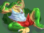 + 2018 3_toes anthro barefoot bottomwear bulge clothed clothing countershading crocodile crocodilian crocodylid digital_media_(artwork) eyewear feet flexing_bicep green_background green_body green_scales league_of_legends lifeguard male mayar muscular muscular_anthro muscular_arms muscular_male muscular_thighs open_mouth pecs reclining red_bottomwear red_clothing red_shorts renekton reptile riot_games scales scalie shirt shorts simple_background solo spread_legs spreading sunglasses swimming_trunks swimwear tail_ridge tank_top tight_clothing toes topwear veiny_muscles video_games white_clothing white_topwear 