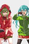  2girls \m/ black_thighhighs blue_eyes blue_hair brown_gloves commentary cowboy_shot facial_mark gloves green_hair green_jacket green_skirt gumi hatsune_miku headphones highres jacket karasu_btk long_hair matryoshka_(vocaloid) matryoshka_doll mouth_pull multiple_girls open_mouth pleated_skirt red_eyes red_jacket red_skirt short_hair simple_background skirt thighhighs tongue tongue_out twintails vocaloid w white_background 