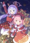  2girls bell black_gloves blue_archive gloves hanae_(blue_archive) hanae_(christmas)_(blue_archive) highres multiple_girls pantyhose pink_eyes pink_hair purple_eyes purple_hair red_gloves santa_costume serina_(blue_archive) serina_(christmas)_(blue_archive) tyakomis white_pantyhose 