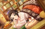  1girl argyle argyle_sweater bangs black_hair blush breasts cleavage collarbone dutch_angle ebihara_naho food forehead fruit hair_ornament hair_scrunchie hand_on_own_cheek hand_on_own_face head_rest heater idolmaster idolmaster_cinderella_girls idolmaster_cinderella_girls_starlight_stage indoors kotatsu large_breasts lens_flare looking_at_viewer lying mandarin_orange official_art on_stomach parted_bangs ponytail scrunchie smile solo sweater tabby_cat table tatami under_kotatsu under_table white_sweater 