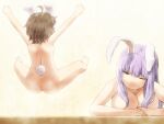  2girls ahoge animal_ears arm_rest arms_up ass back bangs barefoot bathing breasts brown_hair closed_mouth completely_nude facing_away from_behind half-closed_eye hand_rest inaba_tewi jumping large_breasts long_hair medium_hair multiple_girls nude one_eye_closed outstretched_arms purple_hair rabbit_ears rabbit_tail reisen_udongein_inaba shirosato steam tail toes touhou wet 