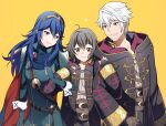  1boy 2girls ahoge ameno_(a_meno0) armor bangs belt black_gloves black_hair black_robe blue_cape blue_eyes blue_gloves blue_hair blue_sweater bridal_gauntlets brown_belt brown_eyes cape closed_mouth commentary_request father_and_daughter fingerless_gloves fire_emblem fire_emblem_awakening gloves grey_shirt hair_between_eyes height_difference hood hood_down hooded_robe jewelry locked_arms long_hair long_sleeves looking_at_another looking_at_viewer lucina_(fire_emblem) morgan_(fire_emblem) morgan_(fire_emblem)_(female) mother_and_daughter multiple_girls open_clothes open_robe red_cape ribbed_sweater robe robin_(fire_emblem) robin_(fire_emblem)_(male) shirt short_hair shoulder_armor simple_background smile sweater tiara turtleneck turtleneck_sweater two-tone_cape white_hair yellow_background 