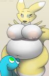  ambiguous_gender anthro areola bandai_namco belly big_belly big_breasts blue_body breasts digimon digimon_(species) dominant duo female foxball fur half-closed_eyes hi_res huge_breasts kitty_pride lagomorph leporid mai_(kitty_pride) male male/female mammal multicolored_body narrowed_eyes navel nipples nude presenting rabbit renamon simple_background size_difference smile solo_focus standing thick_thighs video_games white_body wide_hips yellow_body 