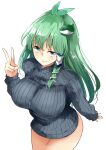  1girl antenna_hair bangs blue_eyes blush breasts commentary_request cowboy_shot curvy deetamu frog_hair_ornament from_above green_hair grey_sweater hair_ornament hair_tubes highres kochiya_sanae large_breasts long_hair long_sleeves looking_at_viewer no_pants ribbed_sweater simple_background smug snake_hair_ornament solo sweater thighs touhou turtleneck v white_background 