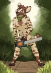  african_wild_dog anthro canid canine casual_nudity chainsaw chip_(pickles-hyena) convenient_censorship hi_res hybrid hyena kerchief kerchief_only male mammal nude pickles-hyena power_tool solo tools 