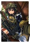  1boy 1girl assault_rifle border brown_eyes brown_hair english_text expressionless gloves green_gloves gun headset helmet highres holding holding_weapon maid military_helmet open_mouth original plate_carrier pointing pov rifle shotgun spas-12 tactical_clothes timmyyen weapon weapon_request white_border 